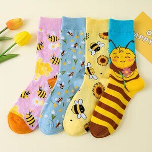 4 Pairs of Mixed Color Bee Tide Socks for Women